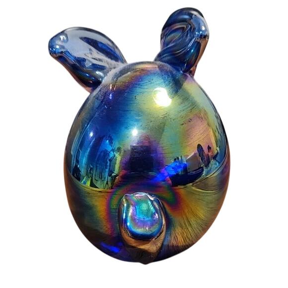 Davar Originals Glass Rabbit Paperweight, Iridescent Blue/White, Vintage - Picture 2 of 6